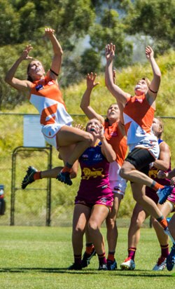 AFLW-PRaccy_Portrait.jpg Aimee Schmidt and Jacinda Barclay fly for the ball in the practice match against the Lions on Saturday. - AFLW,GWS Giants,Brisbane Lions